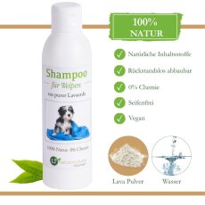 Welpenshampoo | Bio | sanfte Pflege f&uuml;r Hundewelpen ohne Chemie &amp; Seife | gegen Juckreiz | hypoallergen | mit original wei&szlig;er Lavaerde | 250 ml